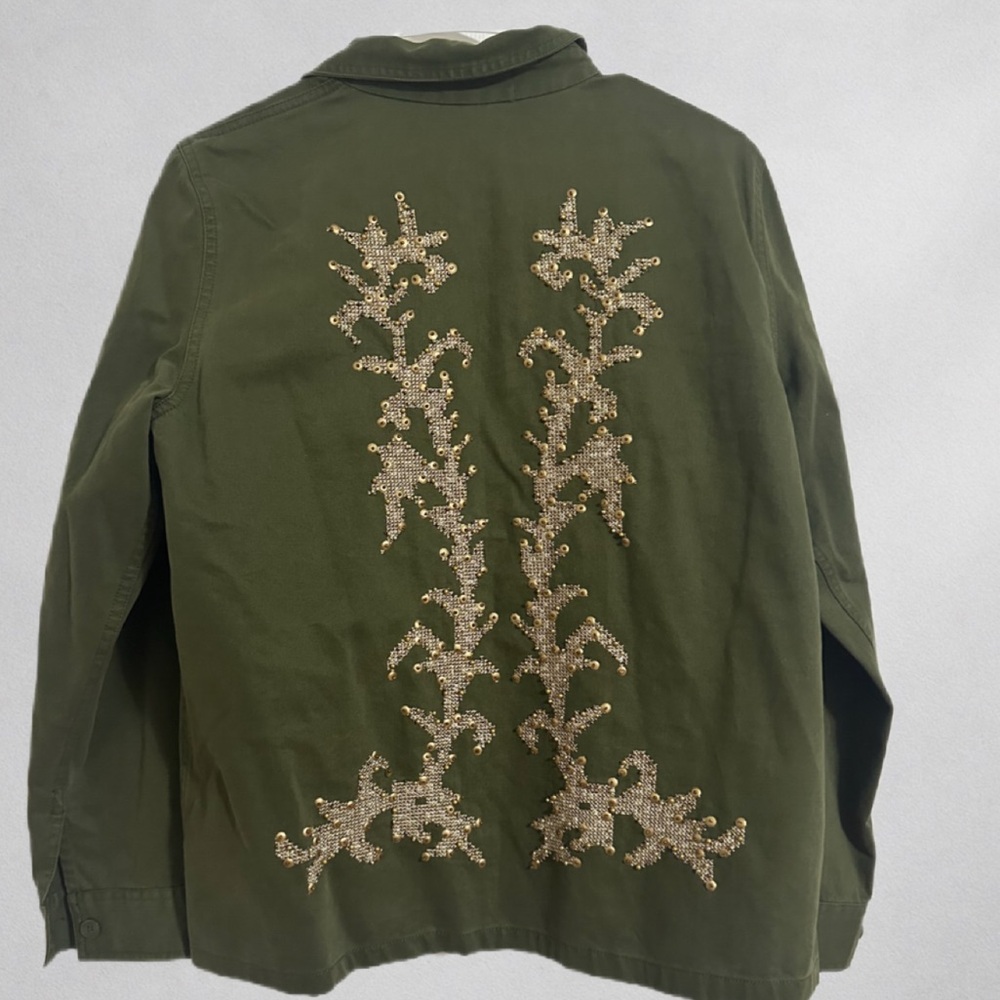 ZARA Woman Premium Denim Utility Jacket M  Green Embroidered Back